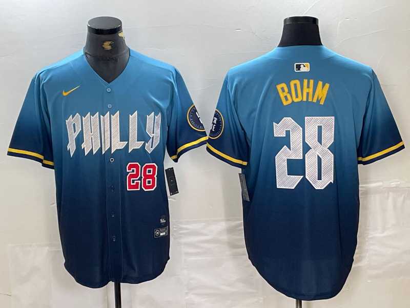 Men%27s Philadelphia Phillies #28 Alec Bohm Blue 2024 City Player Number Cool Base Stitched Jerseys->philadelphia phillies->MLB Jersey